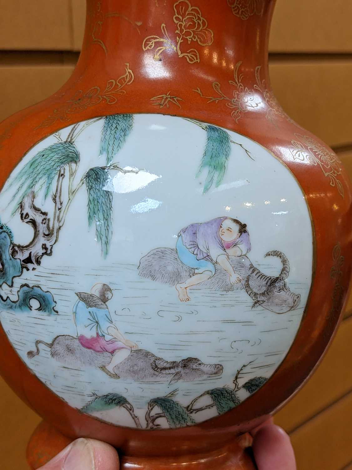 CHINESE CORAL GROUND FAMILLE ROSE VASE, Republic, painted with two panels depicting buffalo boys and - Image 6 of 27