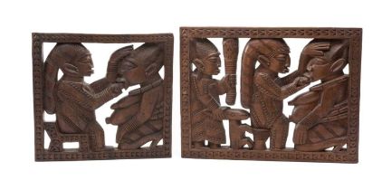 TWO YORUBA PANELS CARVED BY ODEKUNLE, Nigeria, carved from iroko wood, depicting healers