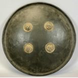 INDIAN LACQUERED DHAL, shield of circular convex form with out turned rim, having four brass lion