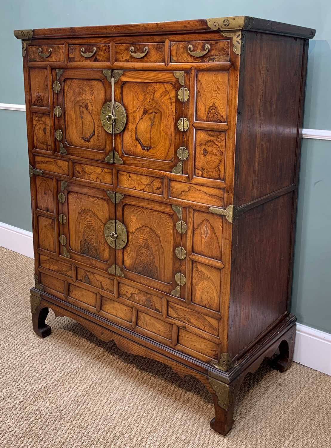 KOREAN FIGURED ELM DOUBLE CUPBOARD, 20th Century, with brass fittings, fitted four frieze drawers - Image 4 of 5