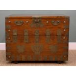 KOREAN ELM CHEST, 20th Century, with brass fittings, upper hinged panel door opeing to reveal