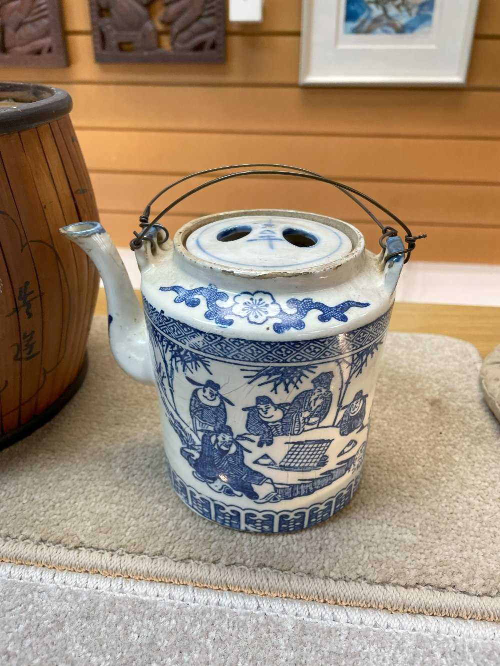 ASSORTED CHINESE BLUE & WHITE PORCELAIN, including two cylindrical teapots (one in bamboo - Image 2 of 29