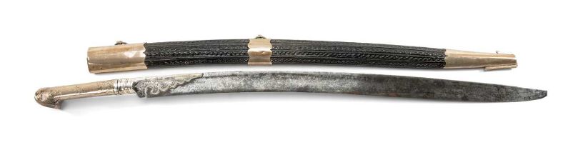 OTTOMAN YATAGAN, Balkans, 19th C., 61cm steel blade with a niello white metal hilt and guard, brass