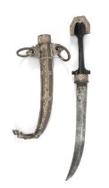 NORTH AFRICAN JAMBIYA, 24cm curved double edge steel blade, the waisted wood hilt with foliate