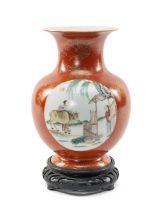 CHINESE CORAL GROUND FAMILLE ROSE VASE, Republic, painted with two panels depicting buffalo boys and