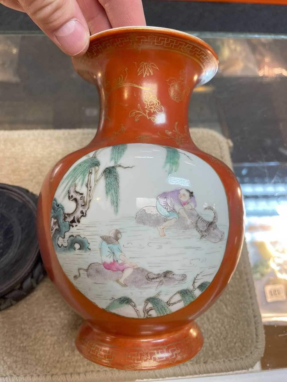 CHINESE CORAL GROUND FAMILLE ROSE VASE, Republic, painted with two panels depicting buffalo boys and - Image 5 of 27