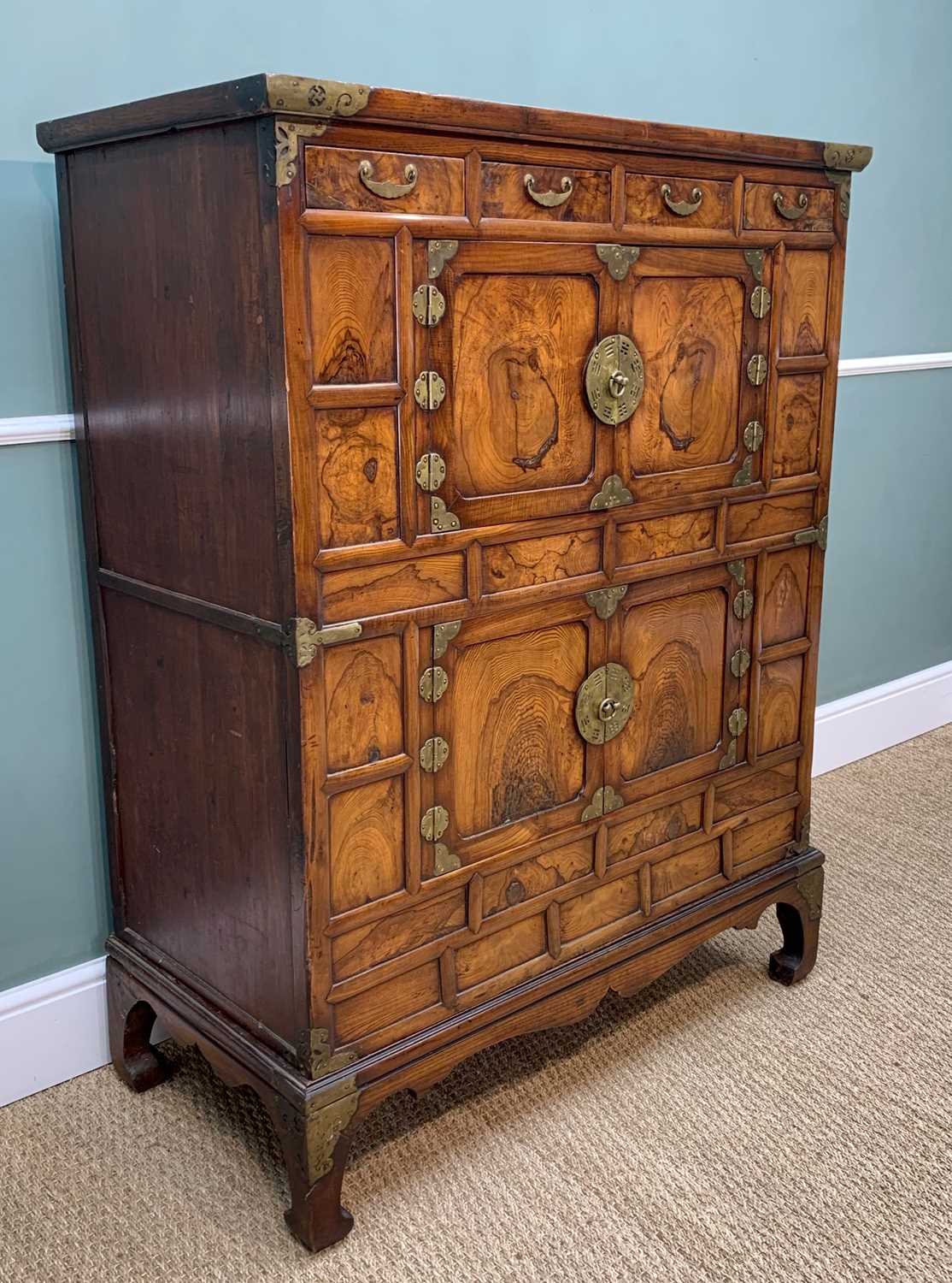 KOREAN FIGURED ELM DOUBLE CUPBOARD, 20th Century, with brass fittings, fitted four frieze drawers - Image 2 of 5