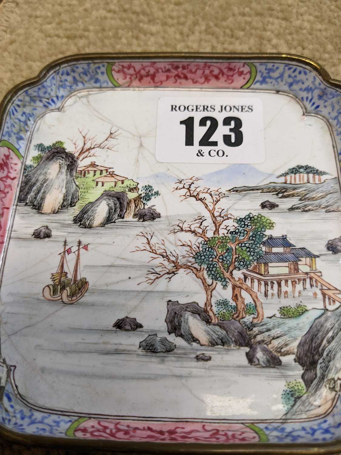 TWO CANTON ENAMEL SPOON DISHES, Qianlong, one European-subject with figures at a picnic feeding a - Image 7 of 10
