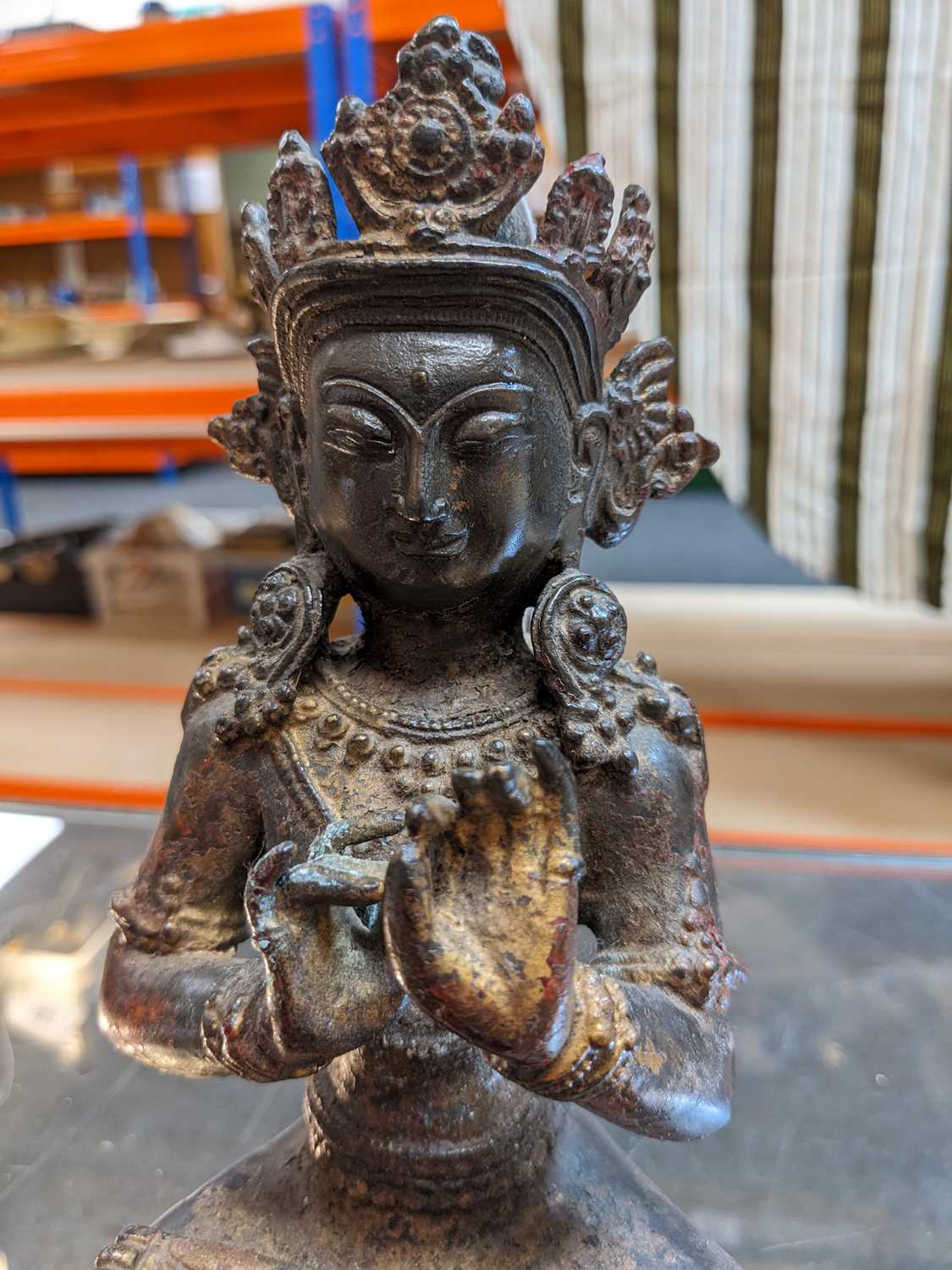 CHINESE BRONZE FIGURE OF GUANYIN, probably Late Ming Dynasty, seated in vajrasana on a double - Image 2 of 6