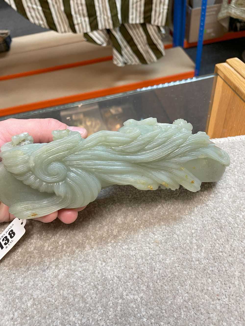 CHINESE CELADON JADE CARVING OF MANDARIN DUCKS, late Qing Dynasty, swimming on a pond with stems - Image 16 of 19