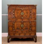 KOREAN FIGURED ELM DOUBLE CUPBOARD, 20th Century, with brass fittings, fitted four frieze drawers