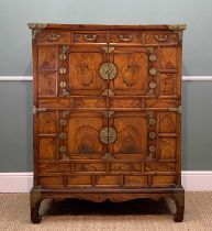 KOREAN FIGURED ELM DOUBLE CUPBOARD, 20th Century, with brass fittings, fitted four frieze drawers