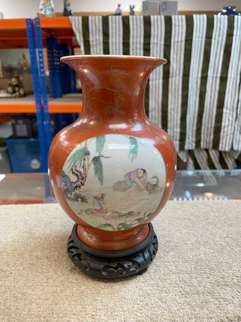 CHINESE CORAL GROUND FAMILLE ROSE VASE, Republic, painted with two panels depicting buffalo boys and - Image 20 of 27