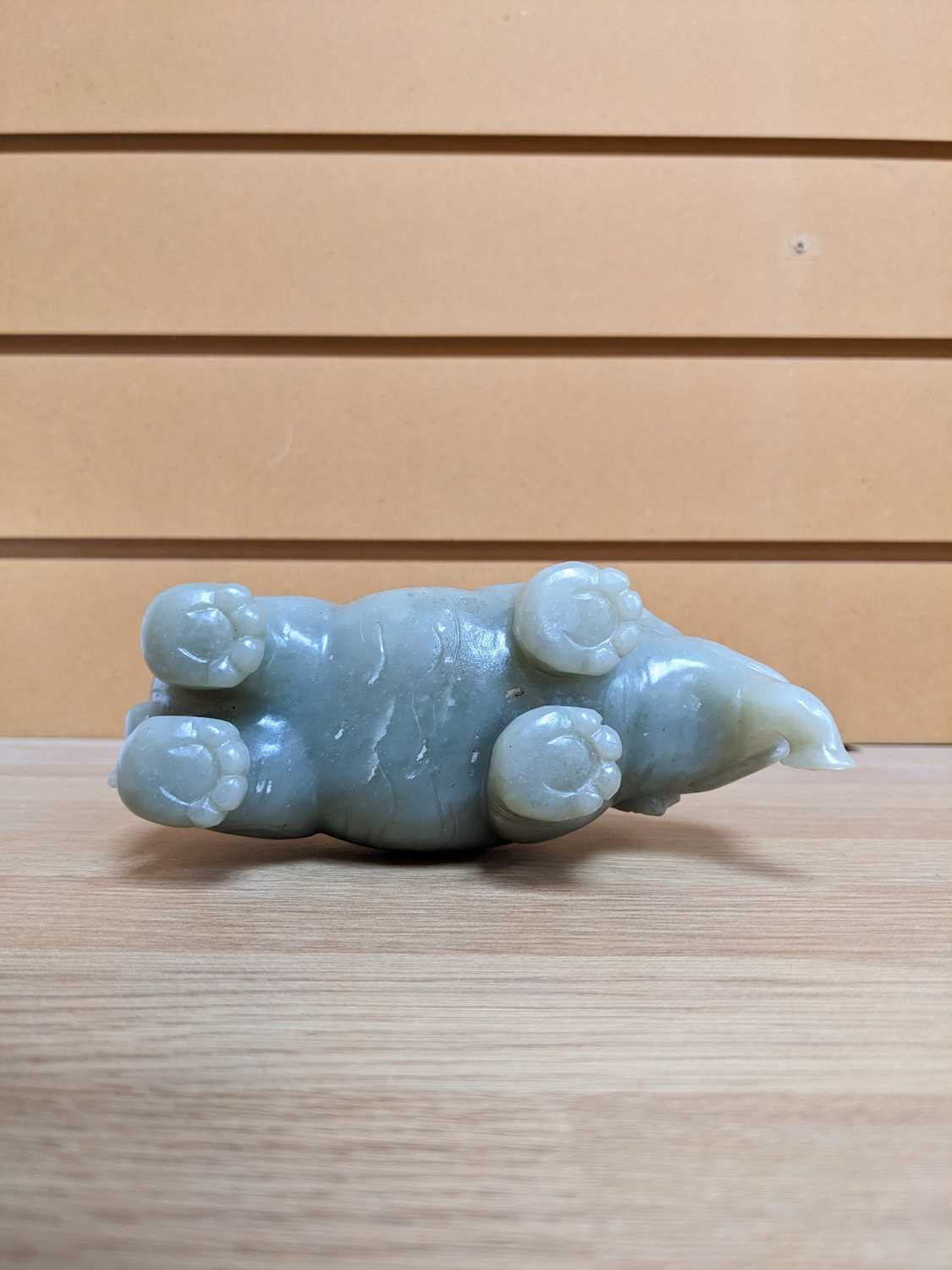 CHINESE CELADON JADE CARVING OF AN ASIAN ELEPHANT, late Qing Dynasty, standing with head lowered and - Image 11 of 17