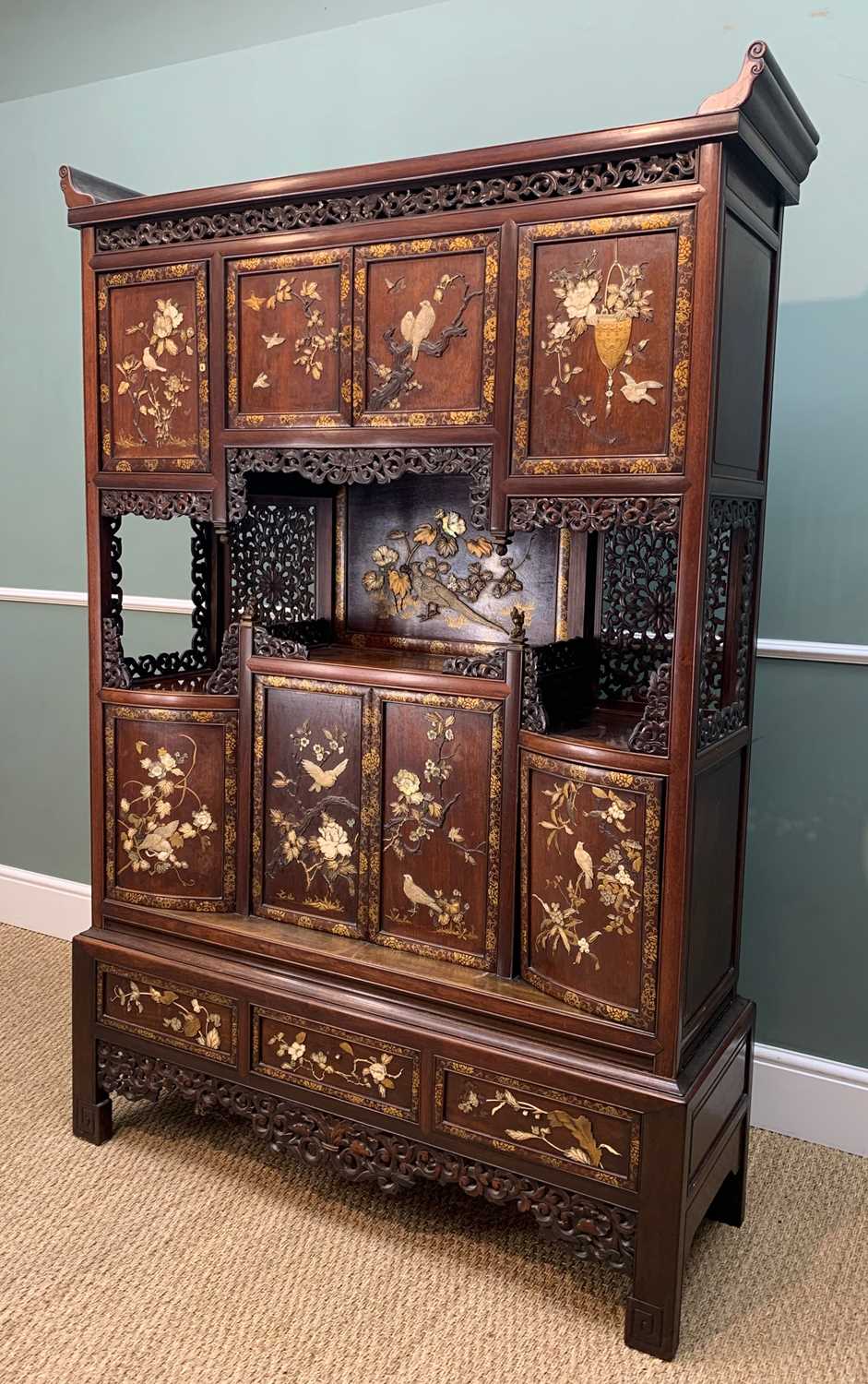 JAPANESE SHIBAYAMA SHODANA, Meiji Period, fitted with inlaid and laquered doors and panels of birds, - Image 5 of 12