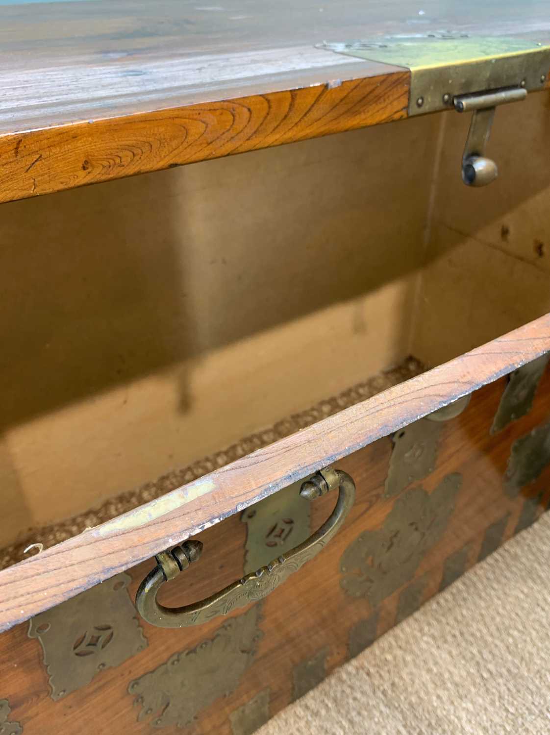 KOREAN ELM CHEST, 20th Century, with brass fittings, upper hinged panel door opeing to reveal - Image 6 of 7