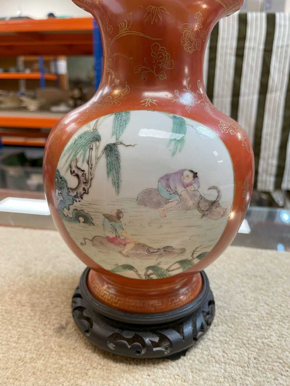 CHINESE CORAL GROUND FAMILLE ROSE VASE, Republic, painted with two panels depicting buffalo boys and - Image 8 of 27