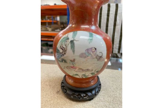 CHINESE CORAL GROUND FAMILLE ROSE VASE, Republic, painted with two panels depicting buffalo boys and - Image 8 of 27