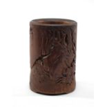CHINESE BAMBOO BRUSHPOT, Qing Dynasty, carved with a continuous frieze depicting a tiger hunt, on