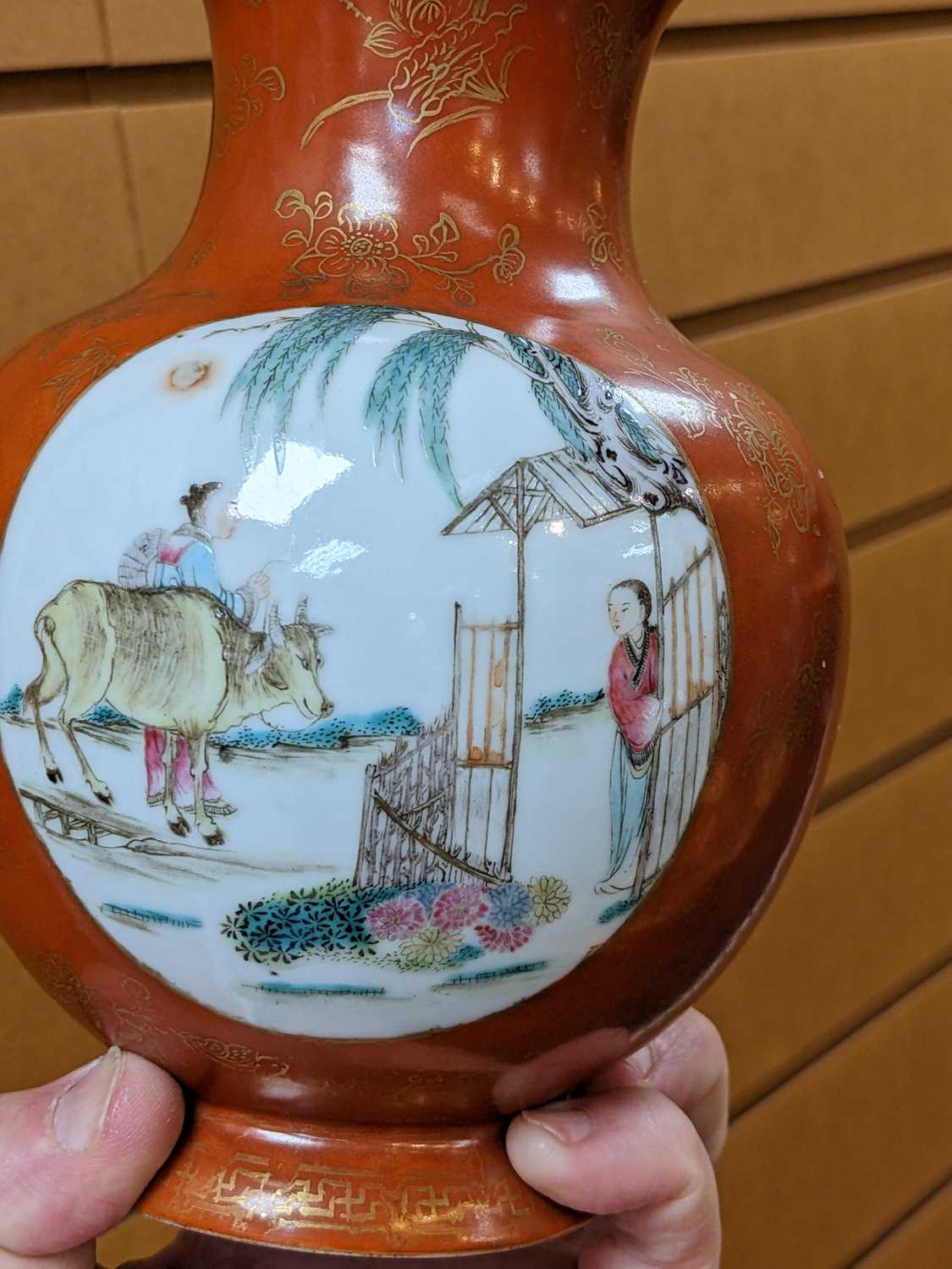CHINESE CORAL GROUND FAMILLE ROSE VASE, Republic, painted with two panels depicting buffalo boys and - Image 3 of 27