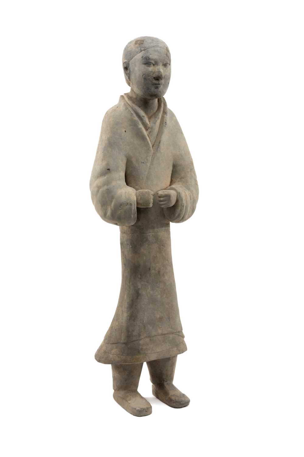 LARGE CHINESE GREY POTTERY FIGURE OF A CIVIL OFFICIAL, Western Han Dynasty (206BC-9AD), standing