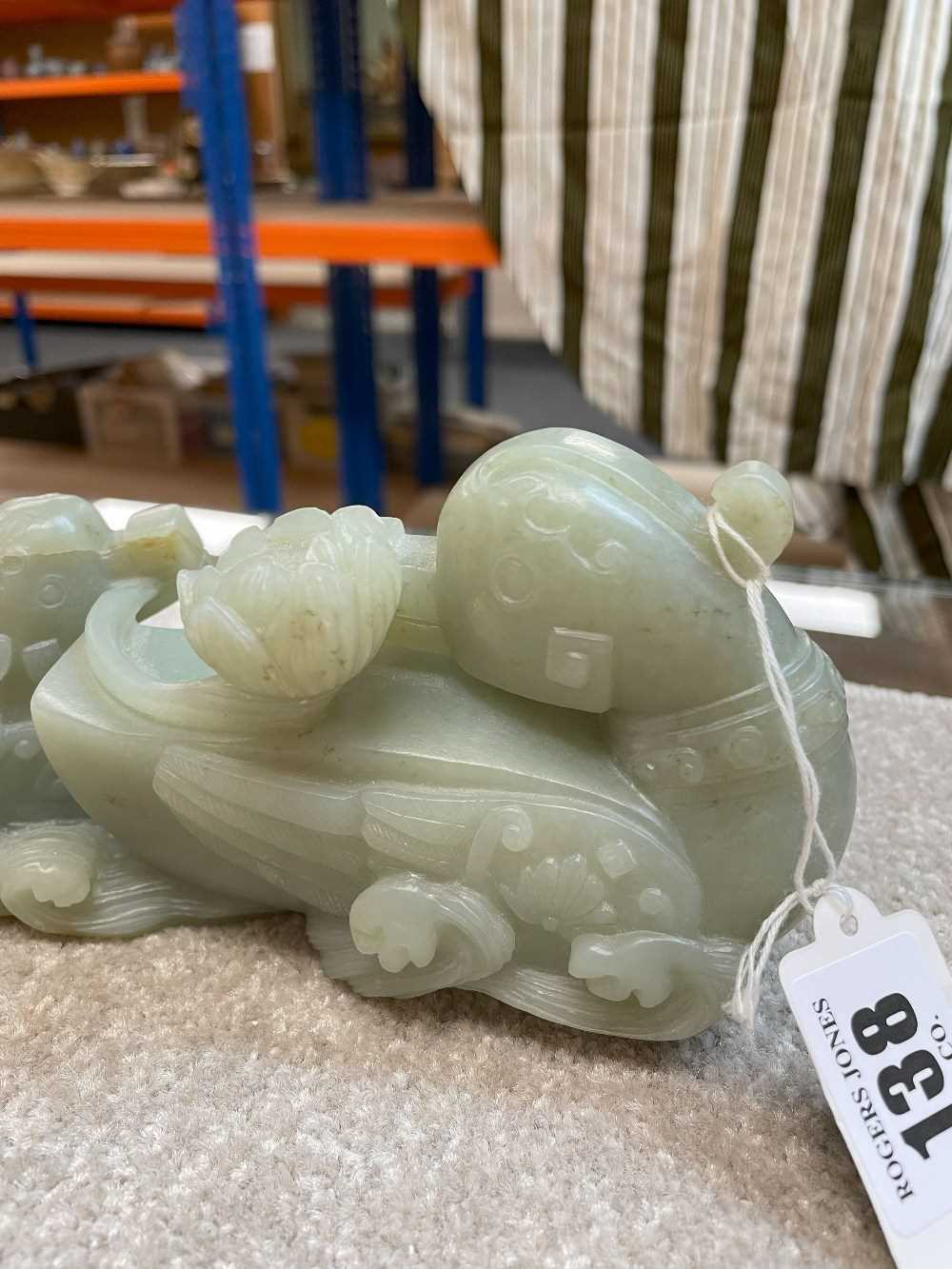 CHINESE CELADON JADE CARVING OF MANDARIN DUCKS, late Qing Dynasty, swimming on a pond with stems - Image 6 of 19