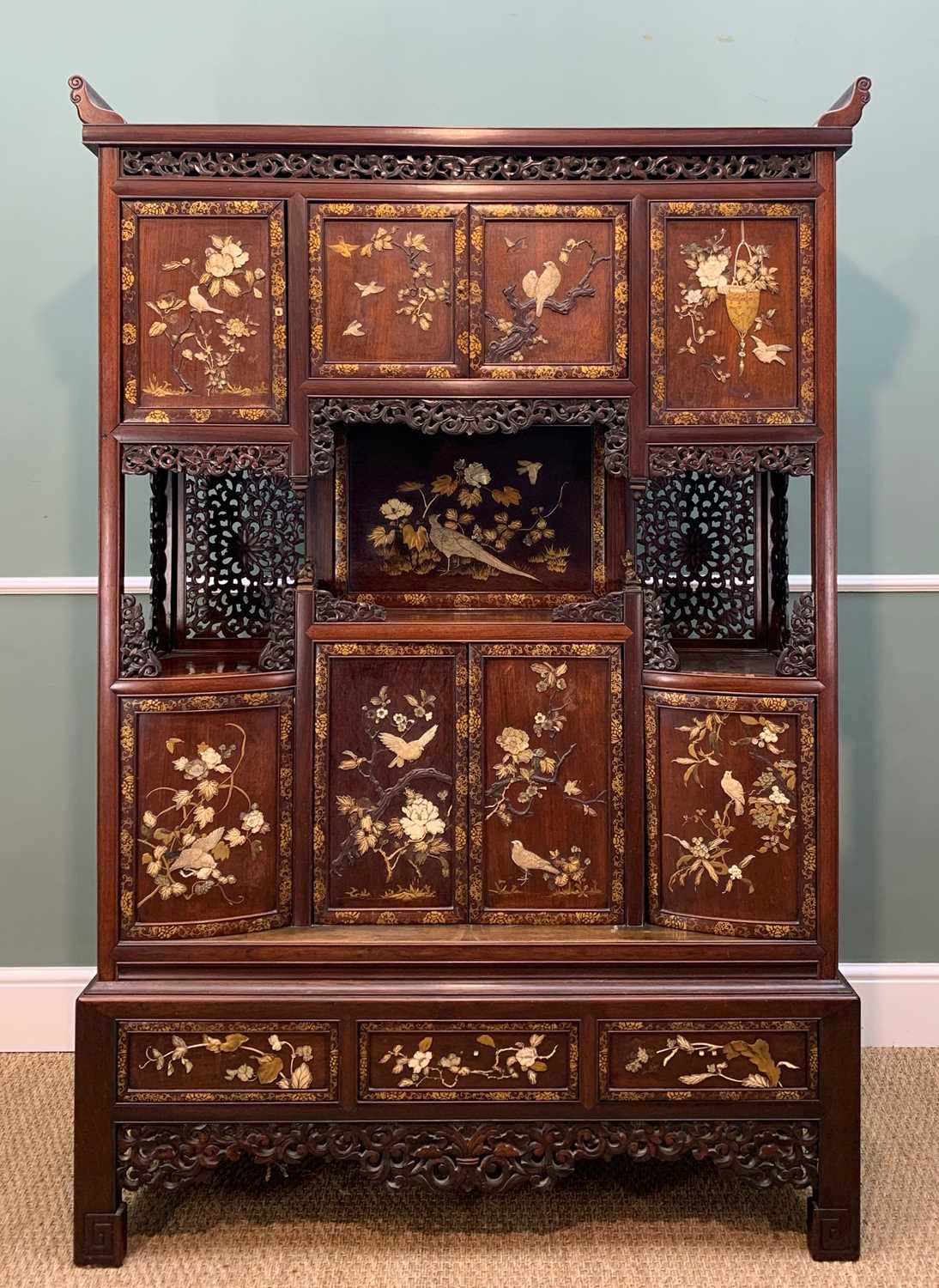 JAPANESE SHIBAYAMA SHODANA, Meiji Period, fitted with inlaid and laquered doors and panels of birds, - Image 3 of 12