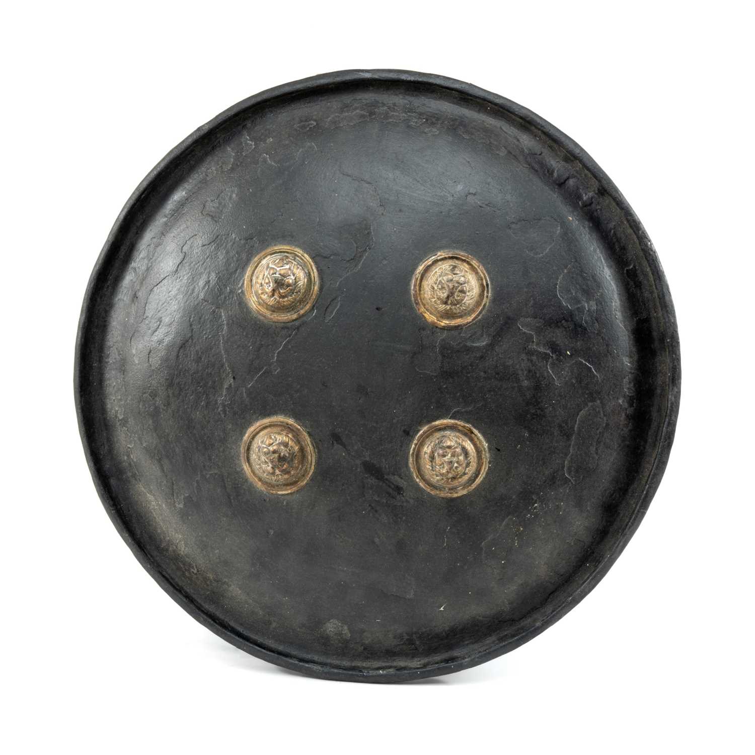 INDIAN LACQUERED DHAL, shield of circular convex form with out turned rim, having four brass lion - Image 3 of 12