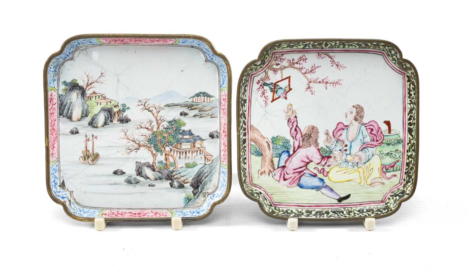 TWO CANTON ENAMEL SPOON DISHES, Qianlong, one European-subject with figures at a picnic feeding a