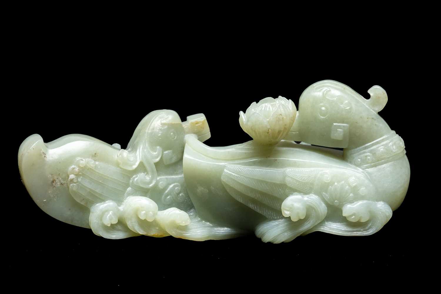 CHINESE CELADON JADE CARVING OF MANDARIN DUCKS, late Qing Dynasty, swimming on a pond with stems - Image 2 of 19