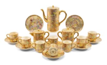 JAPANESE SATSUMA 'HUNDRED FLOWERS' COFFEE SET, each piece painted allover with flowers, bases with