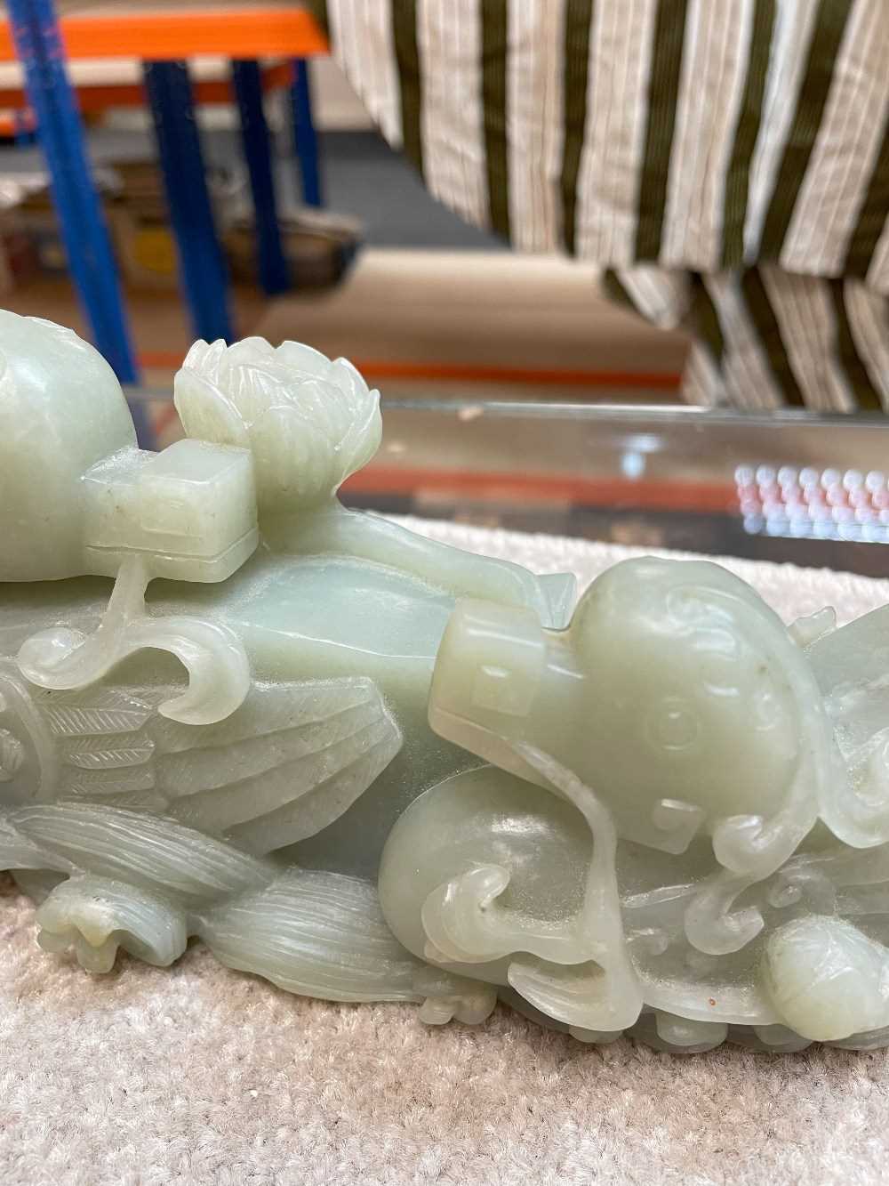 CHINESE CELADON JADE CARVING OF MANDARIN DUCKS, late Qing Dynasty, swimming on a pond with stems - Image 12 of 19
