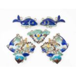 CHINESE ENAMELED NECKLACE PANELS, comprising two panels decorated with lotus, crane and peach, a