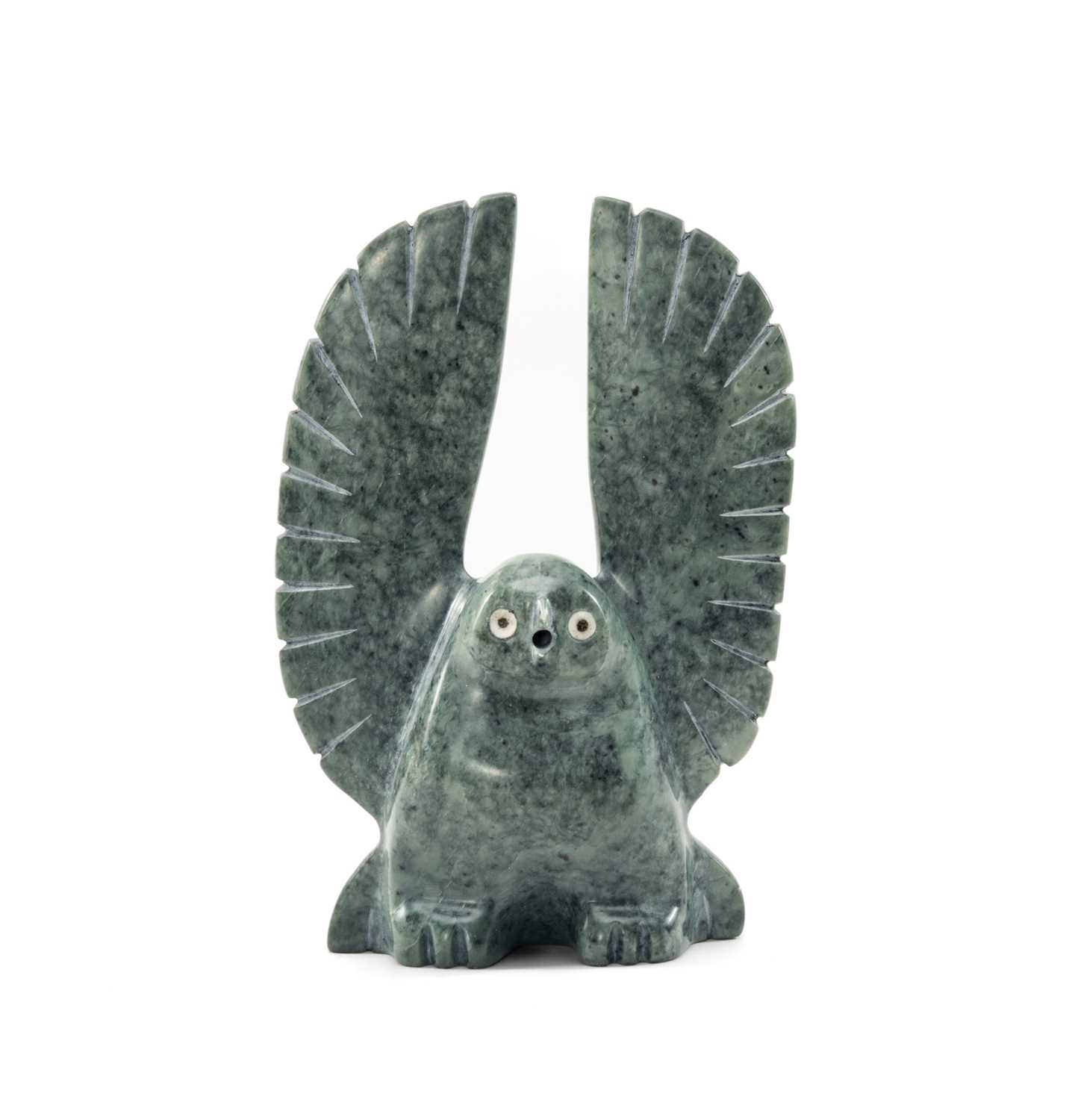 JOHNNYSA MATHEWSIE, green steatite - Owl, signed in syllabics, Cape Dorset, 2010, 15cms (h)