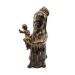 CHINESE BRONZE FIGURE OF LUXING, 20th Century, in flowing robes holding a gesturing child, traces of