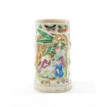 CHINESE FAMILLE ROSE RETICULATED INCENSE (JOSS) STICK HOLDER, modelled as a section of bamboo,