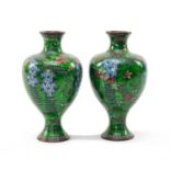 PAIR JAPANESE GINBARI CLOISONNE ENAMEL VASES, Taisho/Showa Period, baluster form, decorated with