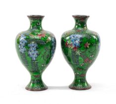 PAIR JAPANESE GINBARI CLOISONNE ENAMEL VASES, Taisho/Showa Period, baluster form, decorated with