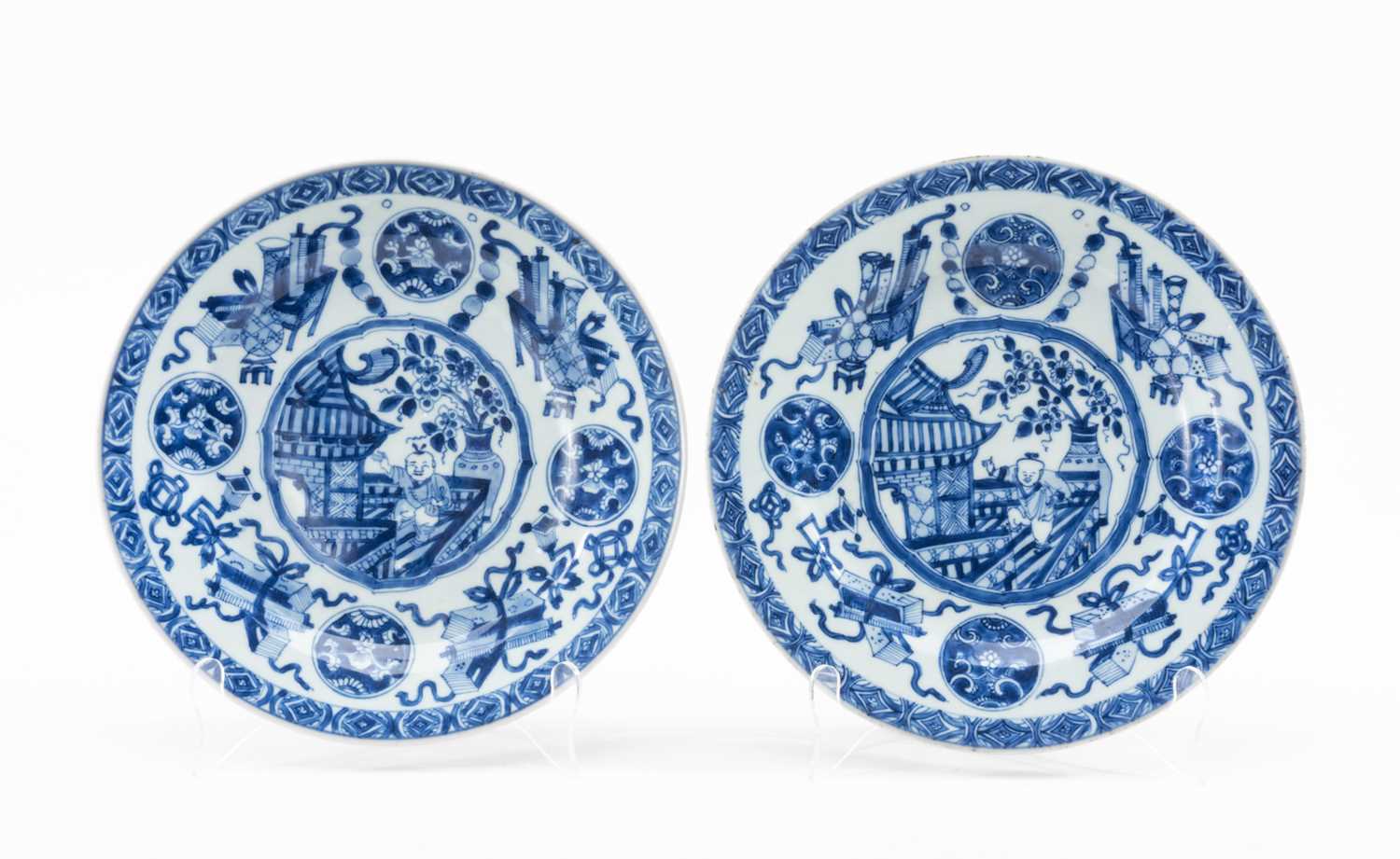 PAIR CHINESE BLUE & WHITE DISHES, 18th C, painted with central cusped roundel of boy on a pavilion