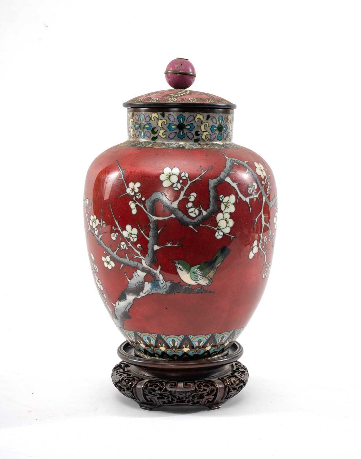 JAPANESE CLOISONNE ENAMEL VASE & COVER, Taisho Period, ovoid form, decorated with flowering sakura