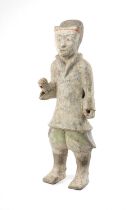 CHINESE PAINTED GREY POTTERY FIGURE OF AN ATTENDANT, Han Dynasty (206BC-AD220), with wraped jacket