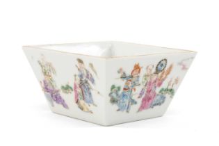 CHINESE FAMILLE ROSE 'IMMORTALS' BOWL, of tapering square form, each side decorated with the eight