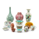 ASSORTED MOSTLY CHINESE COLOURED CERAMICS, including famille rose jar and cover, famille verte 'four