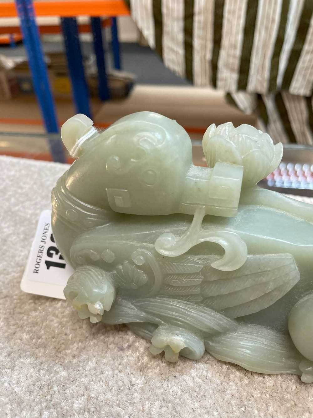 CHINESE CELADON JADE CARVING OF MANDARIN DUCKS, late Qing Dynasty, swimming on a pond with stems - Image 11 of 19