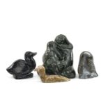 THREE BIRD CARVINGS, steatite and serpentine - Swimming Bird by Amirak, 11cms (w), Seated Seabird,