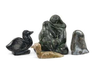 THREE BIRD CARVINGS, steatite and serpentine - Swimming Bird by Amirak, 11cms (w), Seated Seabird,