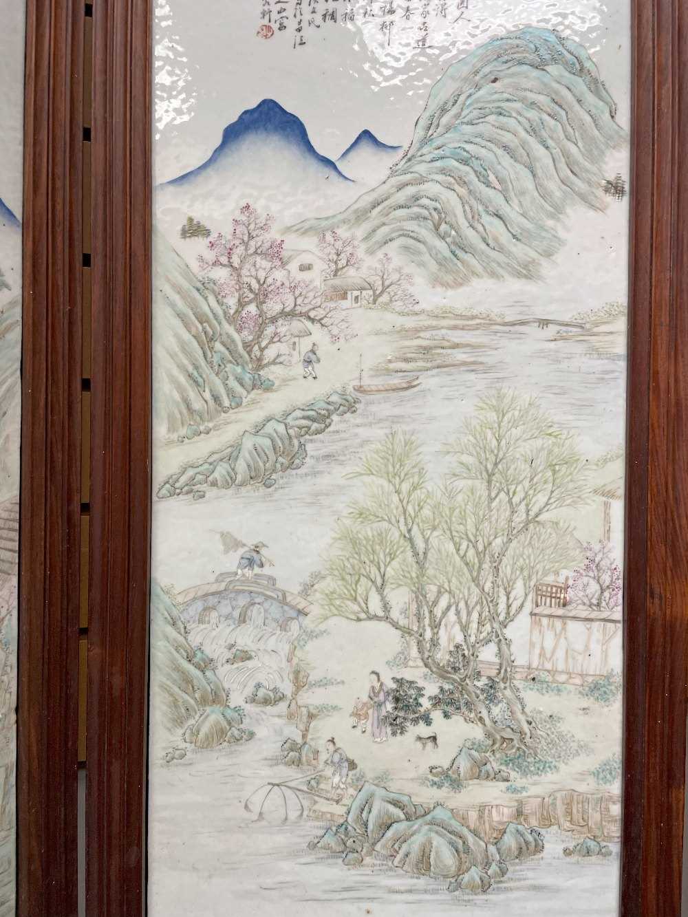 CHINESE PORCELAIN MOUNTED FOUR-LEAF HARDWOOD SCREEN, late Qing Dynasty, each leaf mounted with a - Image 34 of 53