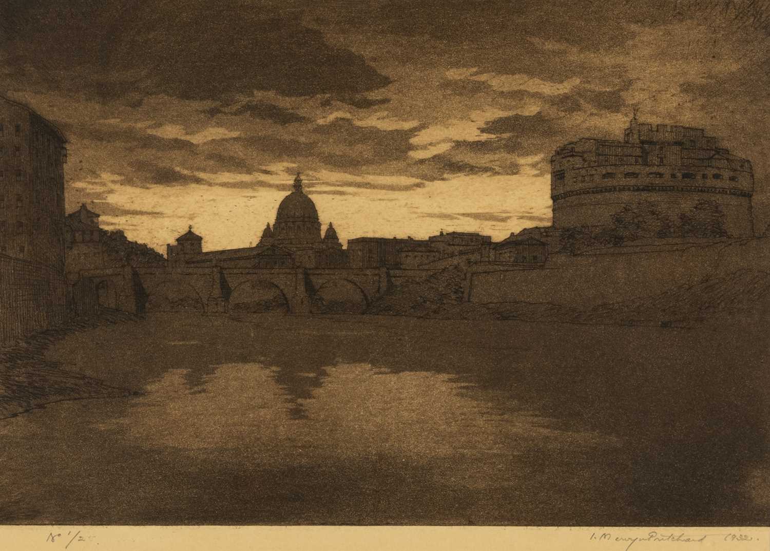 IVOR MERVYN PRITCHARD (Welsh 1886-1948) etching - River Tiber in Rome at sunset, with the Vatican