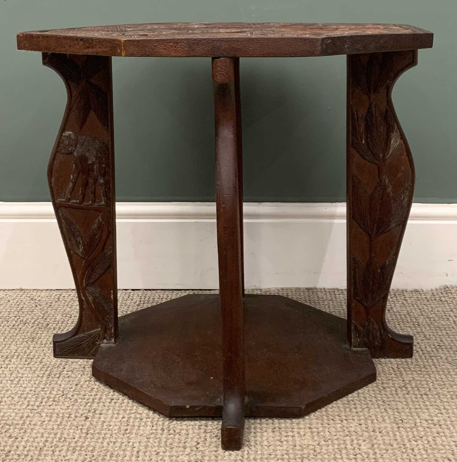 THREE VARIOUS TABLES comprising octagonal carved table with African hunter and wildlife carvings, 52 - Image 5 of 10