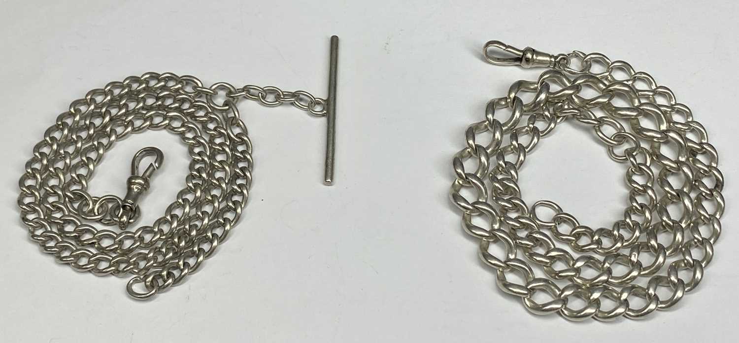 SILVER ALBERT GRADUATED LINK WATCH CHAIN having swivel clip, all links marked, 44.5cms (l) and a